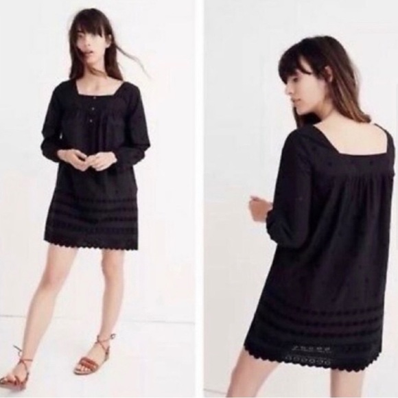 MADEWELL Black Square Neck Cotton Eyelet Smock Dress Small - Picture 4 of 11